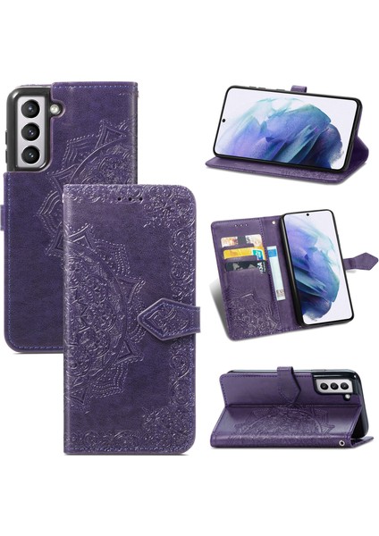 Samsung Galaxy S21 Plus ile Uyumlu El Standı Fonksiyonlu Cüzdan Kabartmalı Pu Deri Kart Tutucu (Yurt Dışından)