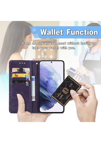 Samsung Galaxy S21 Plus ile Uyumlu El Standı Fonksiyonlu Cüzdan Kabartmalı Pu Deri Kart Tutucu (Yurt Dışından)