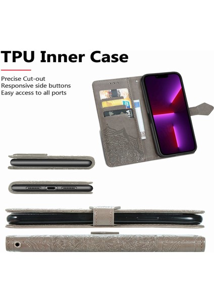 iPhone 13 ile Uyumlu El Standı Fonksiyonlu Cüzdan Kabartmalı Pu Deri Kart Tutucu (Yurt Dışından)