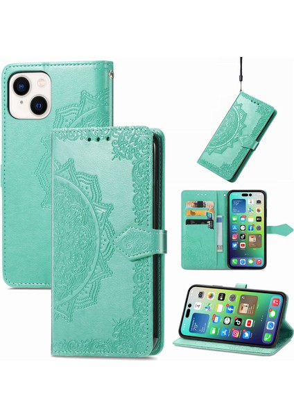 iPhone 14 Plus ile Uyumlu El Standı Fonksiyonlu Cüzdan Kabartmalı Pu Deri Kart Tutucu (Yurt Dışından)