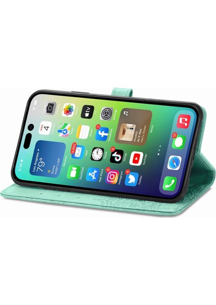 iPhone 14 Plus ile Uyumlu El Standı Fonksiyonlu Cüzdan Kabartmalı Pu Deri Kart Tutucu (Yurt Dışından)