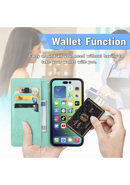 iPhone 14 Plus ile Uyumlu El Standı Fonksiyonlu Cüzdan Kabartmalı Pu Deri Kart Tutucu (Yurt Dışından)