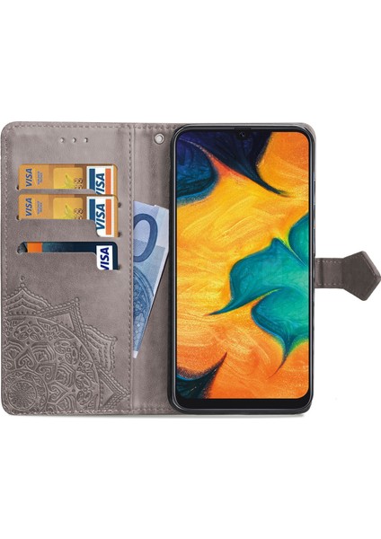 Samsung Galaxy A30/A20 ile Uyumlu El Standı Fonksiyonlu Cüzdan Kabartmalı Pu Deri Kart Tutucu (Yurt Dışından)