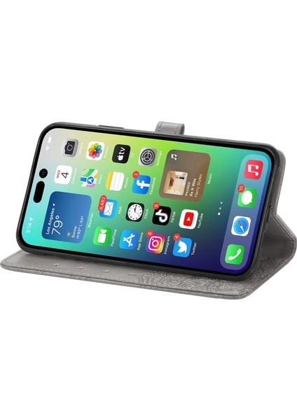 iPhone 14 Pro ile Uyumlu El Standı Fonksiyonlu Cüzdan Kabartmalı Pu Deri Kart Tutucu (Yurt Dışından)