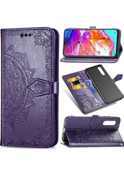 Samsung Galaxy A70 ile Uyumlu El Standı Fonksiyonlu Cüzdan Kabartmalı Pu Deri Kart Tutucu (Yurt Dışından)