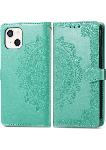 iPhone 13 ile Uyumlu El Standı Fonksiyonlu Cüzdan Kabartmalı Pu Deri Kart Tutucu (Yurt Dışından)