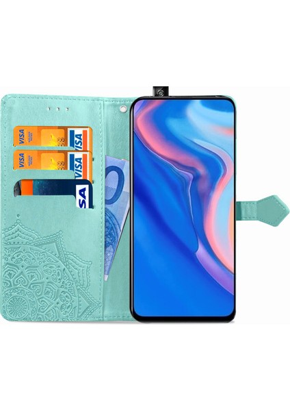Huawei Y9 Prime 2019 ile Uyumlu El Standı Fonksiyonlu Cüzdan Kabartmalı Pu Deri Kart Tutucu (Yurt Dışından)