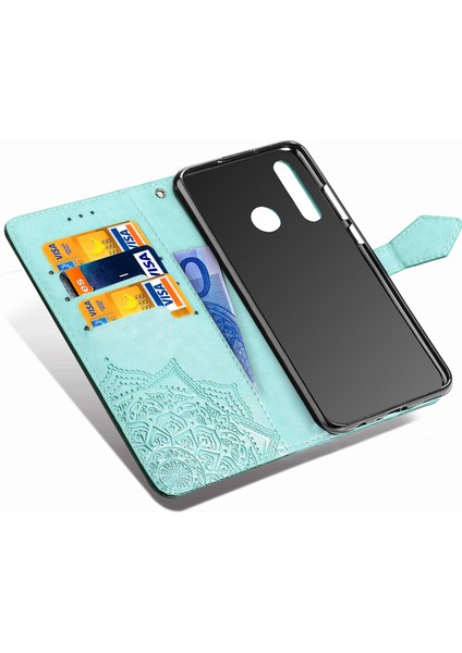Huawei Y9 Prime 2019 ile Uyumlu El Standı Fonksiyonlu Cüzdan Kabartmalı Pu Deri Kart Tutucu (Yurt Dışından)