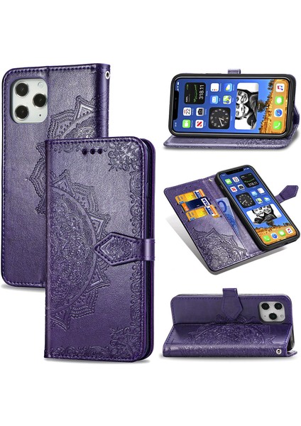 iPhone 12 Pro Max ile Uyumlu El Standı Fonksiyonlu Cüzdan Kabartmalı Pu Deri Kart Tutucu (Yurt Dışından)