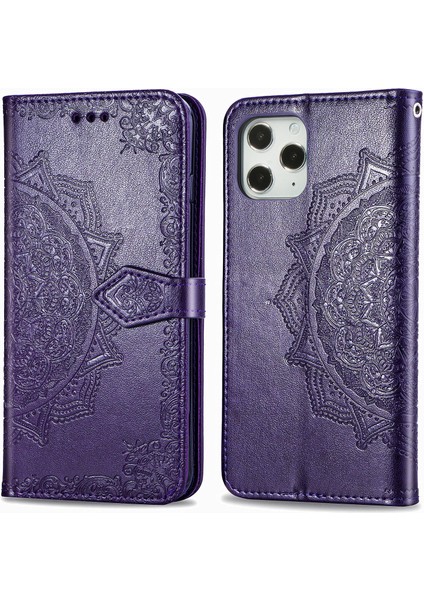 iPhone 12 Pro Max ile Uyumlu El Standı Fonksiyonlu Cüzdan Kabartmalı Pu Deri Kart Tutucu (Yurt Dışından)