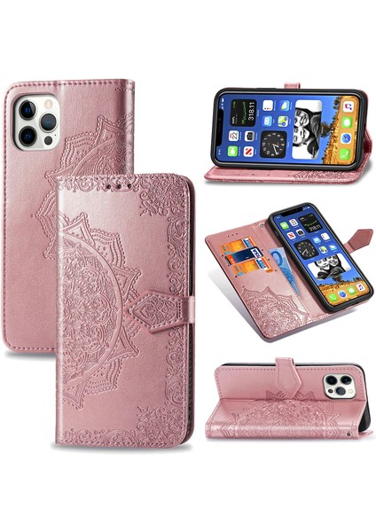 iPhone 12/12 Pro ile Uyumlu El Standı Fonksiyonlu Cüzdan Kabartmalı Pu Deri Kart Tutucu (Yurt Dışından)