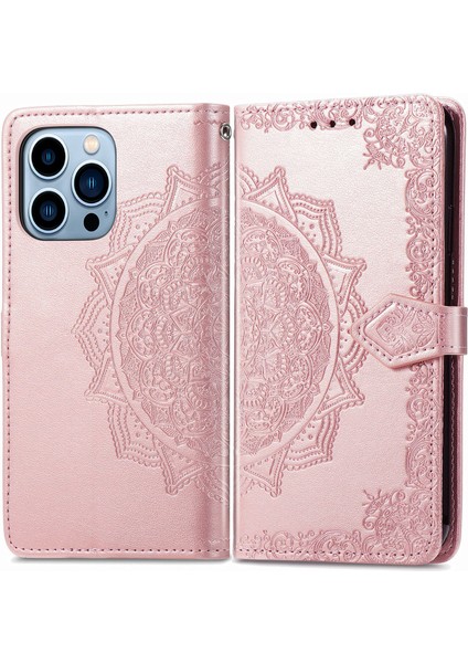 iPhone 13 Pro ile Uyumlu El Standı Fonksiyonlu Cüzdan Kabartmalı Pu Deri Kart Tutucu (Yurt Dışından)