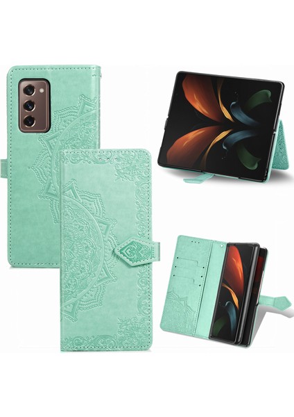 Samsung Galaxy Z Fold 2 ile Uyumlu El Standı Fonksiyonlu Cüzdan Kabartmalı Pu Deri Kart Tutucu (Yurt Dışından)
