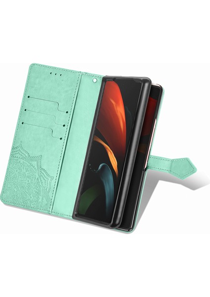 Samsung Galaxy Z Fold 2 ile Uyumlu El Standı Fonksiyonlu Cüzdan Kabartmalı Pu Deri Kart Tutucu (Yurt Dışından)