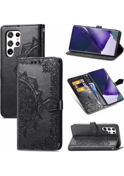 Samsung Galaxy S22 ile Uyumlu El Standı Fonksiyonlu Cüzdan Kabartmalı Pu Deri Kart Tutucu (Yurt Dışından)