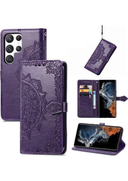 Samsung Galaxy S23 Ultra ile Uyumlu El Standı Fonksiyonlu Cüzdan Kabartmalı Pu Deri Kart Tutucu (Yurt Dışından)