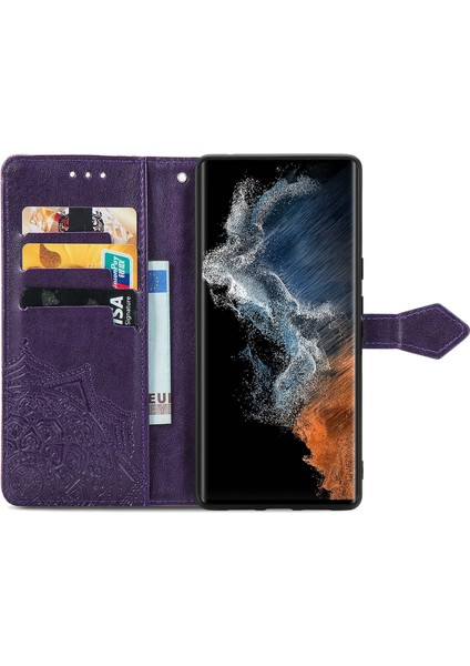 Samsung Galaxy S23 Ultra ile Uyumlu El Standı Fonksiyonlu Cüzdan Kabartmalı Pu Deri Kart Tutucu (Yurt Dışından) fırsatları