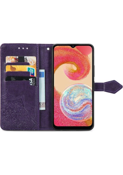 Samsung Galaxy A04E ile Uyumlu El Standı Fonksiyonlu Cüzdan Kabartmalı Pu Deri Kart Tutucu (Yurt Dışından)