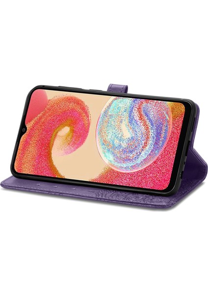 Samsung Galaxy A04E ile Uyumlu El Standı Fonksiyonlu Cüzdan Kabartmalı Pu Deri Kart Tutucu (Yurt Dışından)