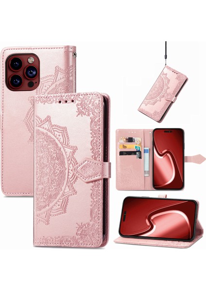 iPhone 15 Pro Max ile Uyumlu El Standı Fonksiyonlu Cüzdan Kabartmalı Pu Deri Kart Tutucu (Yurt Dışından)