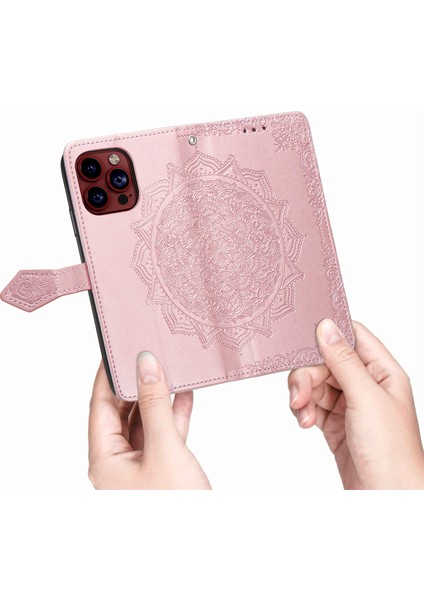 iPhone 15 Pro Max ile Uyumlu El Standı Fonksiyonlu Cüzdan Kabartmalı Pu Deri Kart Tutucu (Yurt Dışından)