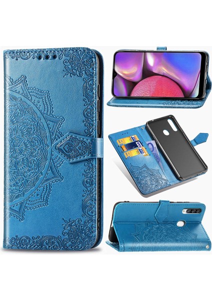 Samsung Galaxy A20S ile Uyumlu El Standı Fonksiyonlu Cüzdan Kabartmalı Pu Deri Kart Tutucu (Yurt Dışından)