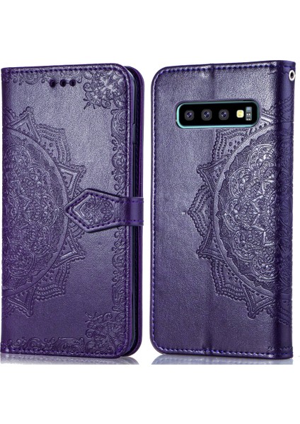 Samsung Galaxy S10 Plus ile Uyumlu El Standı Fonksiyonlu Cüzdan Kabartmalı Pu Deri Kart Tutucu (Yurt Dışından)
