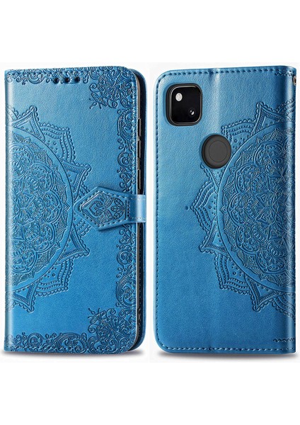 Google Pixel 4A ile Uyumlu El Standı Fonksiyonlu Cüzdan Kabartmalı Pu Deri Kart Tutucu (Yurt Dışından)