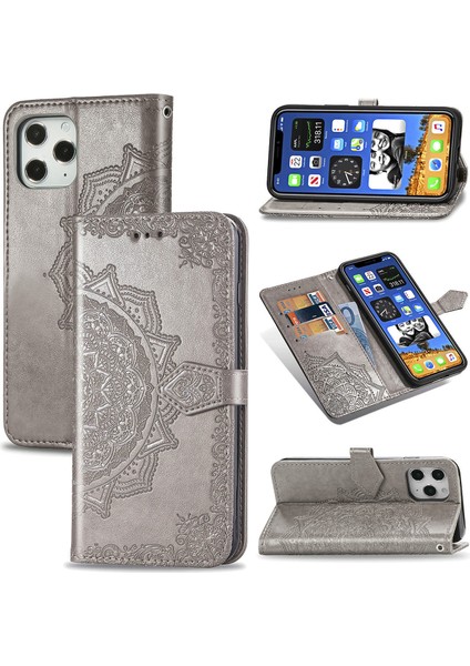 iPhone 12 Pro Max ile Uyumlu El Standı Fonksiyonlu Cüzdan Kabartmalı Pu Deri Kart Tutucu (Yurt Dışından)