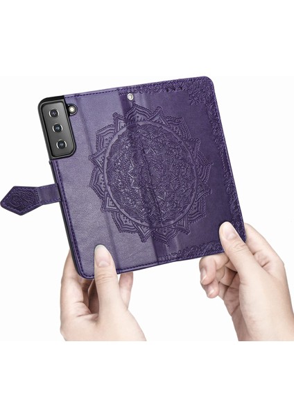Samsung Galaxy S22 Plus ile Uyumlu El Standı Fonksiyonlu Cüzdan Kabartmalı Pu Deri Kart Tutucu (Yurt Dışından)