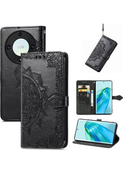 Honor X9A ile Uyumlu El Standı Fonksiyonlu Cüzdan Kabartmalı Pu Deri Kart Tutucu (Yurt Dışından)