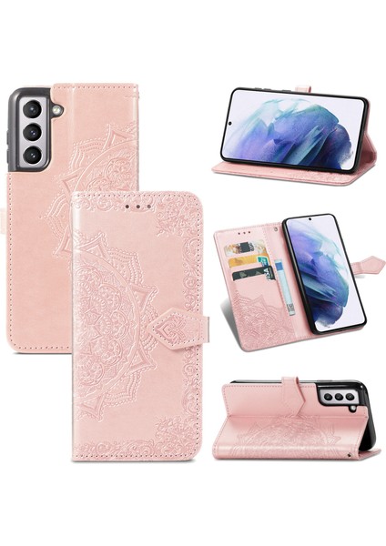 Samsung Galaxy S21 ile Uyumlu El Standı Fonksiyonlu Cüzdan Kabartmalı Pu Deri Kart Tutucu (Yurt Dışından)