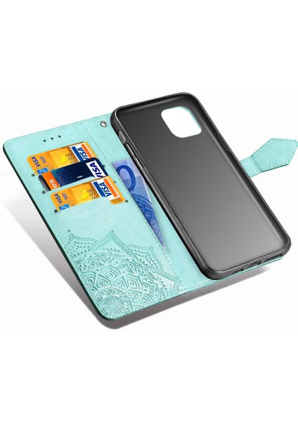 iPhone 11 Pro Max ile Uyumlu El Standı Fonksiyonlu Cüzdan Kabartmalı Pu Deri Kart Tutucu (Yurt Dışından)