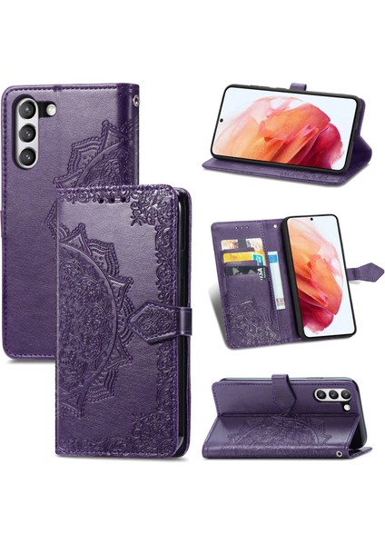 Samsung Galaxy S21 Fe ile Uyumlu El Standı Fonksiyonlu Cüzdan Kabartmalı Pu Deri Kart Tutucu (Yurt Dışından)
