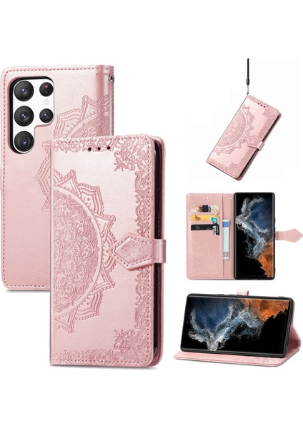 Samsung Galaxy S23 Ultra ile Uyumlu El Standı Fonksiyonlu Cüzdan Kabartmalı Pu Deri Kart Tutucu (Yurt Dışından)