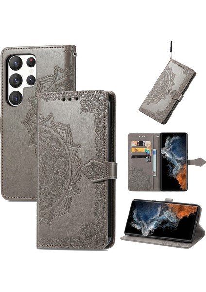 Samsung Galaxy S23 Ultra ile Uyumlu El Standı Fonksiyonlu Cüzdan Kabartmalı Pu Deri Kart Tutucu (Yurt Dışından)