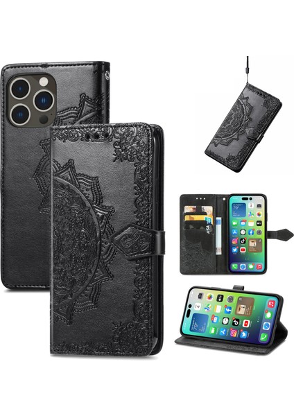 iPhone 14 Pro ile Uyumlu El Standı Fonksiyonlu Cüzdan Kabartmalı Pu Deri Kart Tutucu (Yurt Dışından)