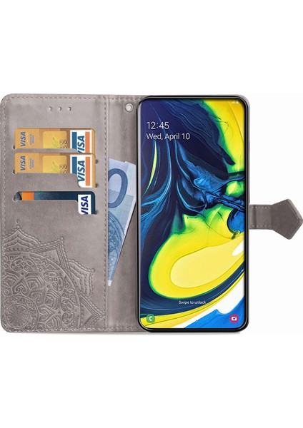 Samsung Galaxy A80/A90 ile Uyumlu El Standı Fonksiyonlu Cüzdan Kabartmalı Pu Deri Kart Tutucu (Yurt Dışından)
