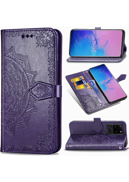 Samsung Galaxy S20 Ultra ile Uyumlu El Standı Fonksiyonlu Cüzdan Kabartmalı Pu Deri Kart Tutucu (Yurt Dışından)
