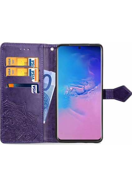 Samsung Galaxy S20 Ultra ile Uyumlu El Standı Fonksiyonlu Cüzdan Kabartmalı Pu Deri Kart Tutucu (Yurt Dışından)