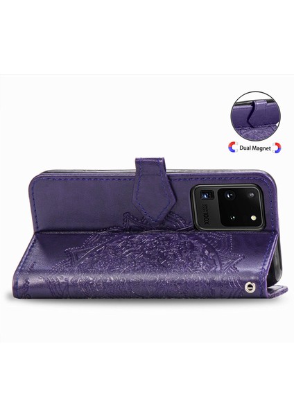 Samsung Galaxy S20 Ultra ile Uyumlu El Standı Fonksiyonlu Cüzdan Kabartmalı Pu Deri Kart Tutucu (Yurt Dışından)