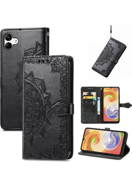 Samsung Galaxy A04 ile Uyumlu El Standı Fonksiyonlu Cüzdan Kabartmalı Pu Deri Kart Tutucu (Yurt Dışından)