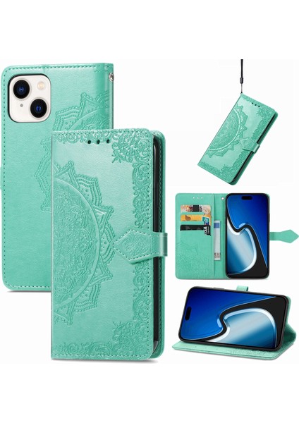 iPhone 15 ile Uyumlu El Standı Fonksiyonlu Cüzdan Kabartmalı Pu Deri Kart Tutucu (Yurt Dışından)