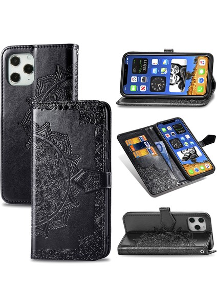 iPhone 12 Pro Max ile Uyumlu El Standı Fonksiyonlu Cüzdan Kabartmalı Pu Deri Kart Tutucu (Yurt Dışından)