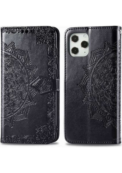 iPhone 12 Pro Max ile Uyumlu El Standı Fonksiyonlu Cüzdan Kabartmalı Pu Deri Kart Tutucu (Yurt Dışından)
