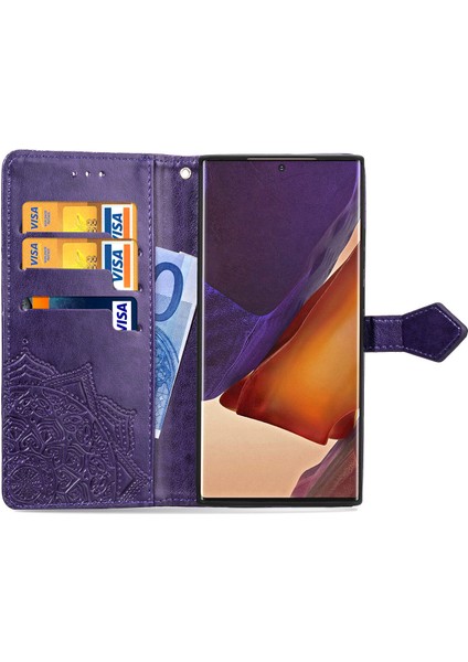 Samsung Galaxy Note 20 Ultra ile Uyumlu El Standı Fonksiyonlu Cüzdan Kabartmalı Pu Deri Kart Tutucu (Yurt Dışından) fırsatları