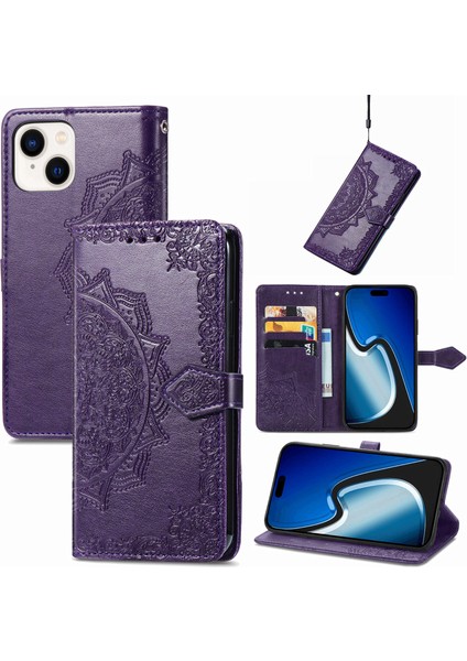 iPhone 15 ile Uyumlu El Standı Fonksiyonlu Cüzdan Kabartmalı Pu Deri Kart Tutucu (Yurt Dışından)