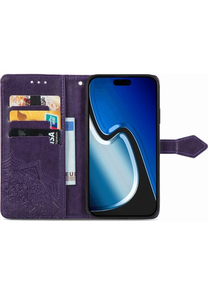 iPhone 15 ile Uyumlu El Standı Fonksiyonlu Cüzdan Kabartmalı Pu Deri Kart Tutucu (Yurt Dışından)