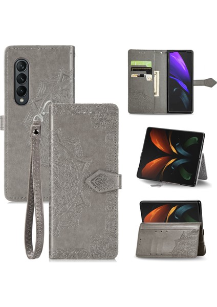 Samsung Galaxy Z Fold 3 ile Uyumlu El Standı Fonksiyonlu Cüzdan Kabartmalı Pu Deri Kart Tutucu (Yurt Dışından)