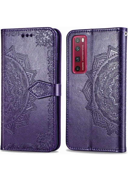 Huawei Nova 7 Pro ile Uyumlu El Standı Fonksiyonlu Cüzdan Kabartmalı Pu Deri Kart Tutucu (Yurt Dışından)